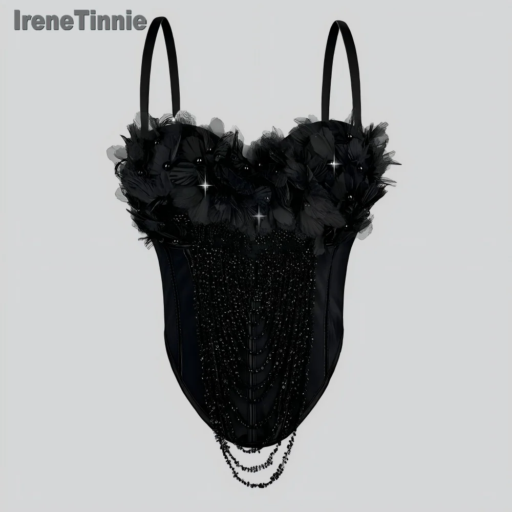 IRENE TINNIE مثير شرابة رفع مشد مجروم Y2k المحاصيل القمم السيدات بوستير الصدرية سترة تانك القمم المرأة زهرة الكورسيهات الشارع الشهير #3