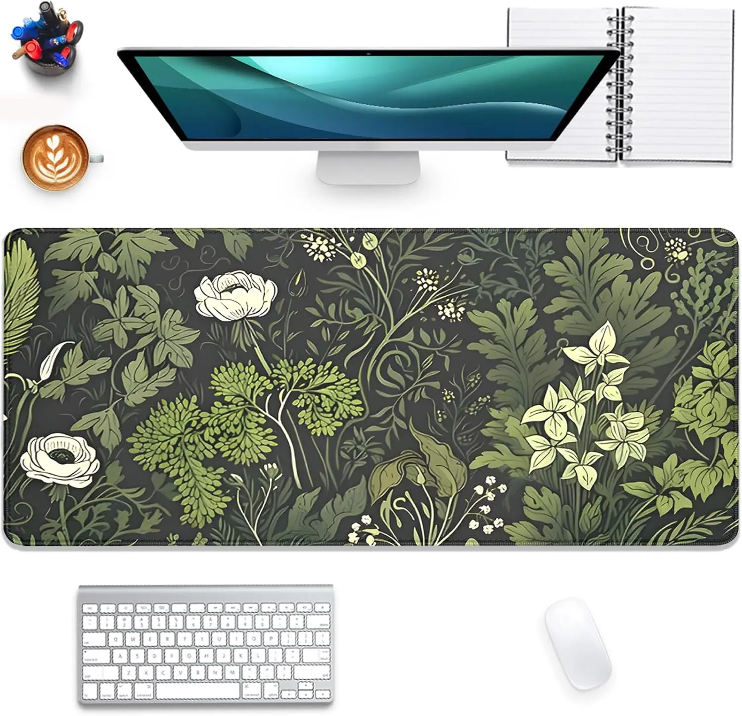 

Green Floral Plant Desk Pad Mouse Pad Mouse Mat with Stitched Edges,Non-Slip Waterproof Rubber Mous Mat for Office Keyboard Home
