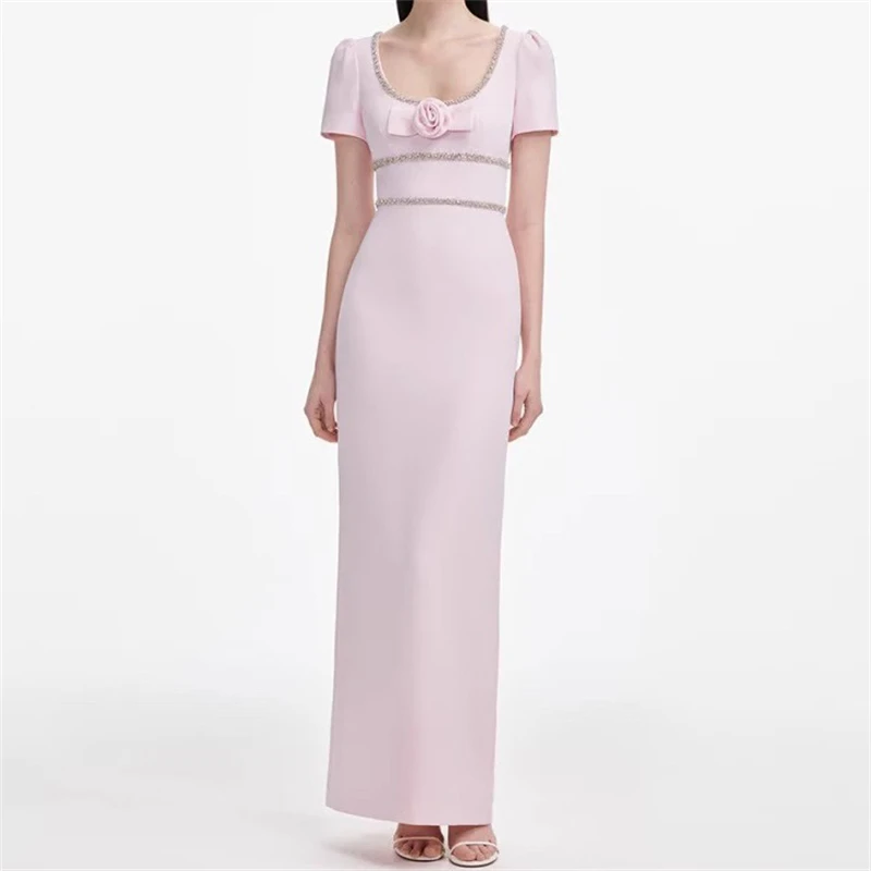 

Summer New Women's Diamond round Neck 3D Rose Decoration Short Sleeve Dress Y2K High Quality Fashion Elegant Long Skirt