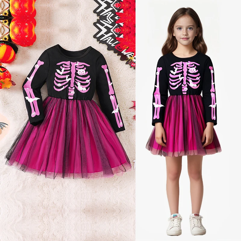 

Girls Halloween Dress 2-7 Years Rainbow Skeleton Costume with Glow-in-Dark Print Toddler Party Dress for Witch Party & Cosplay