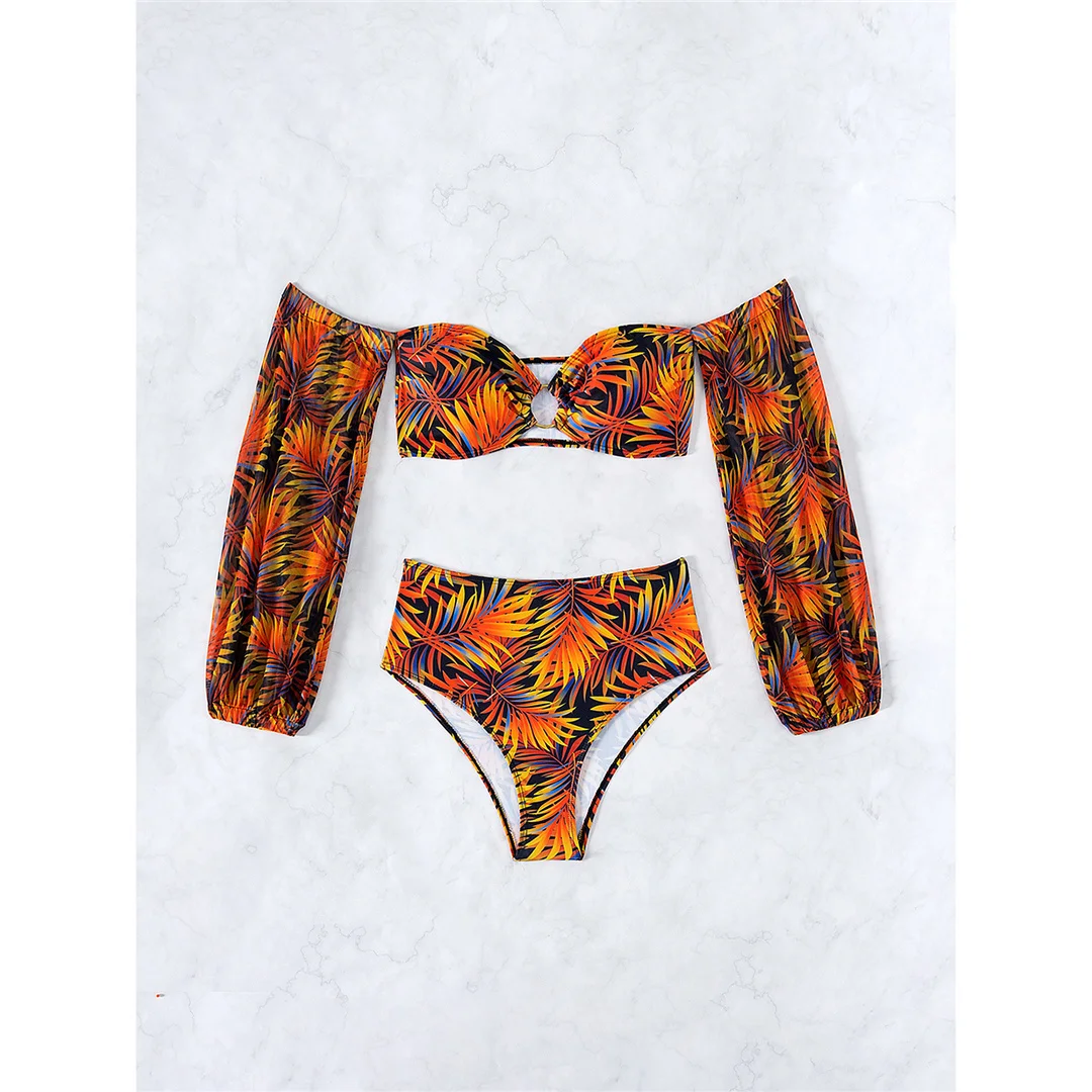 S - XL, bedruckter, langärmliger Bikini mit hoher Taille, Damen-Badeanzug, zweiteiliges Bikini-Set, Badebekleidung, Badeanzug, Modell V6920. – Detail 4