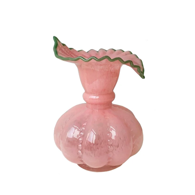 Glass Vase Pumpkin Shape Wave Edge Retro European Hand-made Glass Vase Floral Arrangement Accessories Terrarium Flower Vases