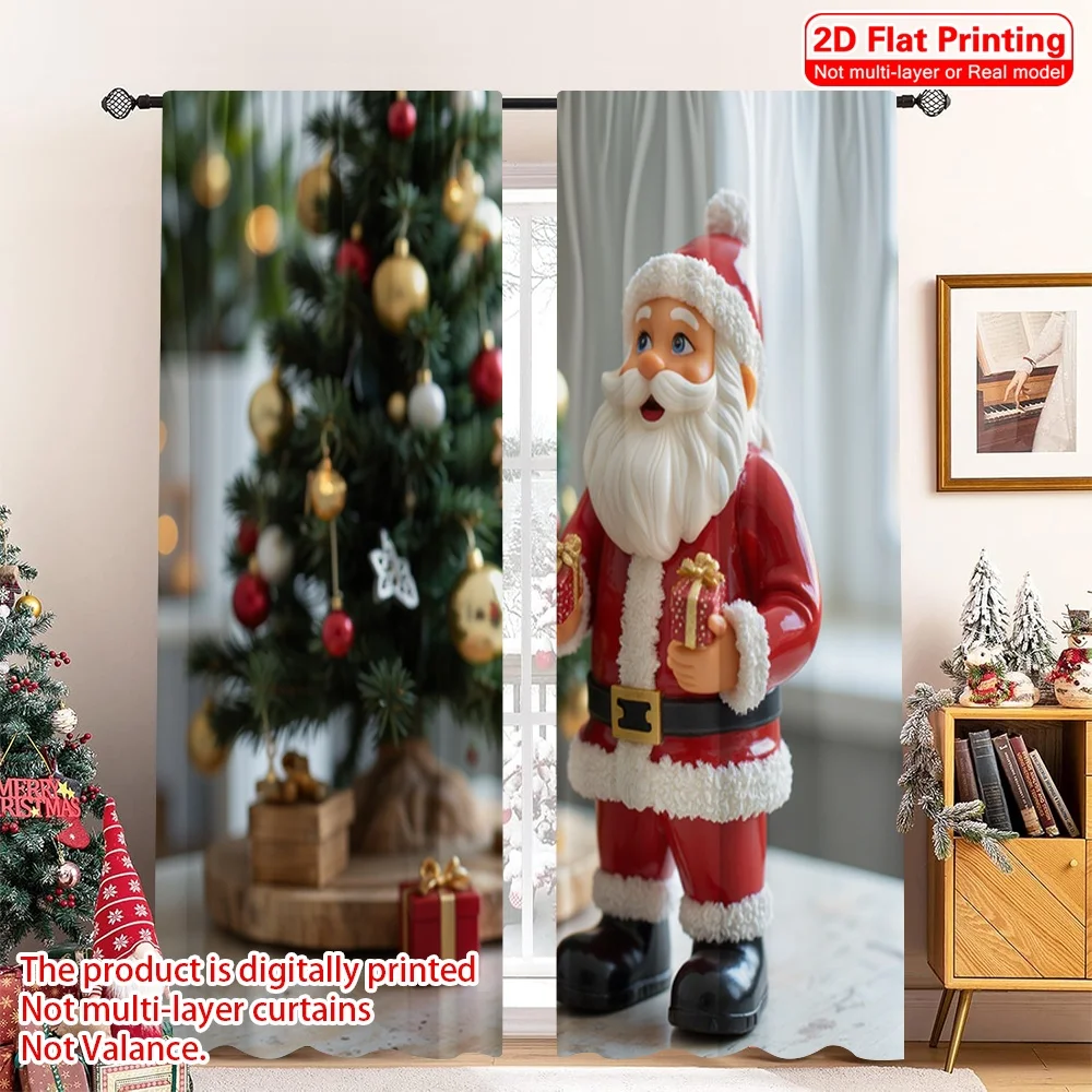 

2pcs 2D flat printing Christmas Curtain Cute Santa Claus Gifts Christmas Polyester Fabric Without Electricity Party & Holiday