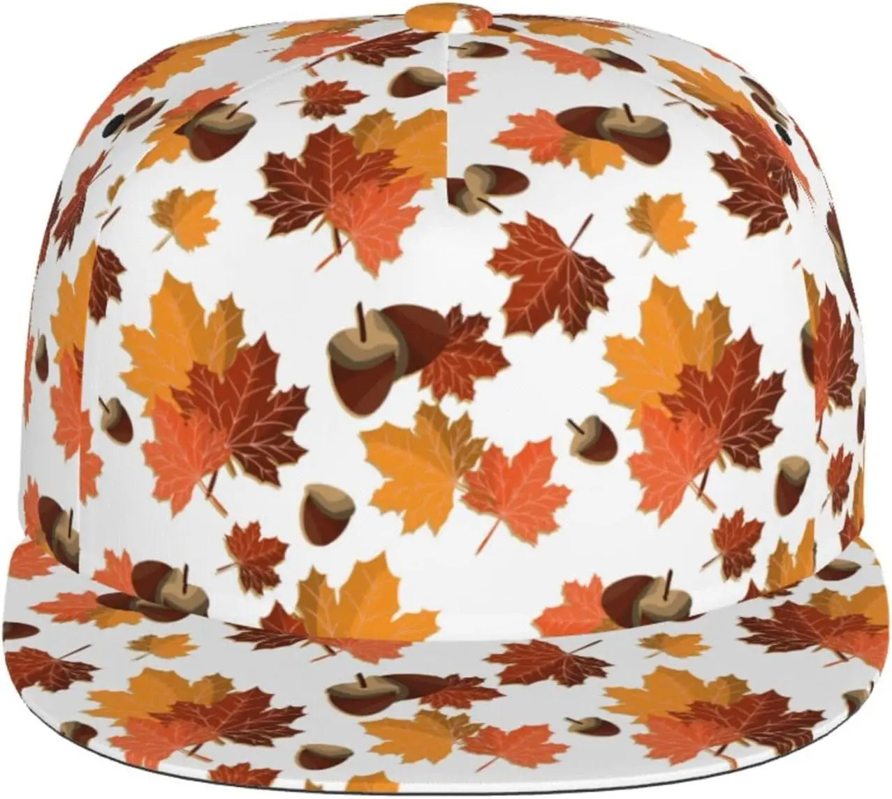 Fall Harvest Autumn Seasonal Leave Leaf Nut Pattern Flat Bill Hat, Unisex Snapback Baseball Cap Hip Hop Style Flat Visor