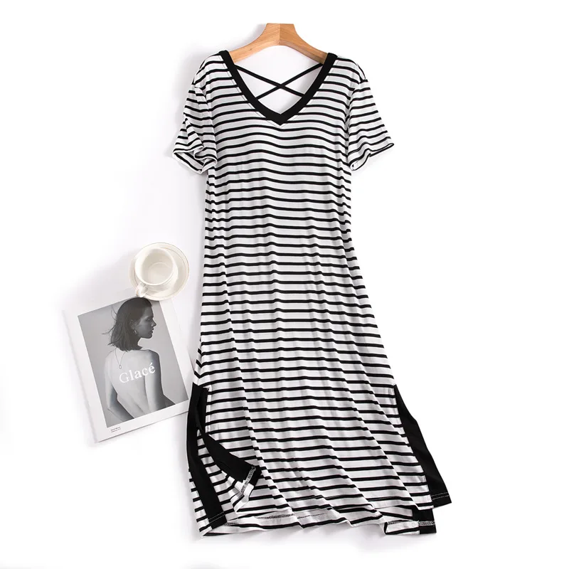 Striped Summer Sleeping Dress For Women New Short Sleeve Nightwear Dresses Ladies Nightgowns Chest Pad Sleepwear Nightshirt