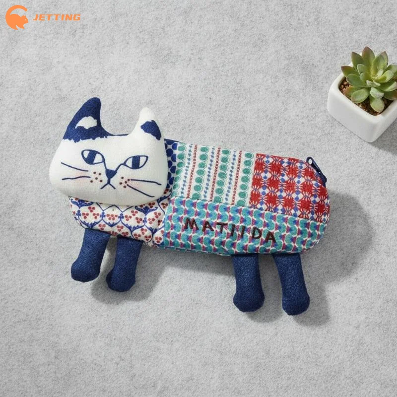 (New) 1Pcs Cute Cat Shaped Pencil Pouch Soft Patchwork Fabric Sturdy Zipper For Student School Stationery Storage