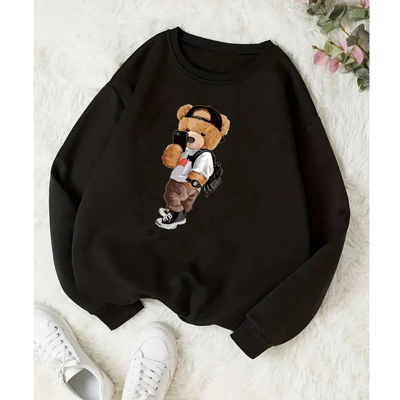 Hirsionsan Kawaii Bear Print Sweatshirt Women Soft Cartoon Graphic Hoodies Ladies Long Sleeve Girls Pullovers Casual Tops Y2k