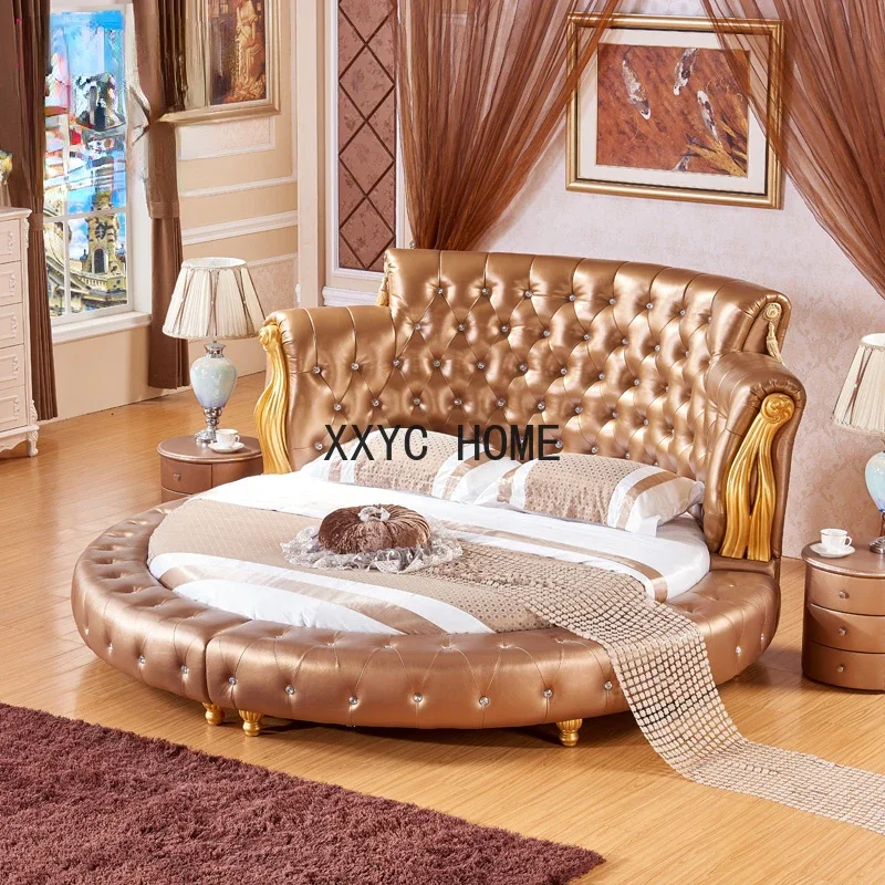 

European-Style Luxury Leather round Bed Solid Wood Villa Affordable Luxury Fashion Double Soft Bed