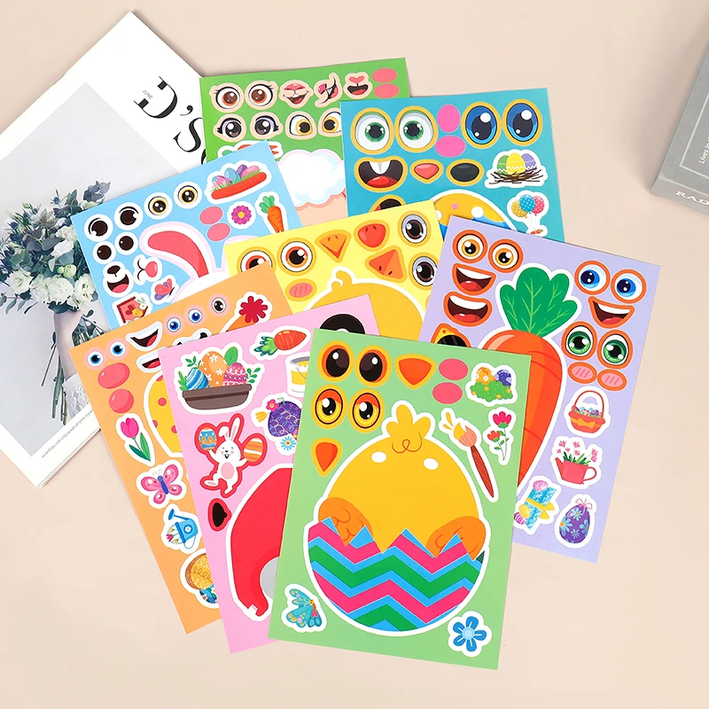 8Sheets Cartoon Easter Puzzle Stickers DIY Rabbit Sheep Chick Make A Face Decals Easter Party Favor Decals Kids Jigsaw Toys Gift