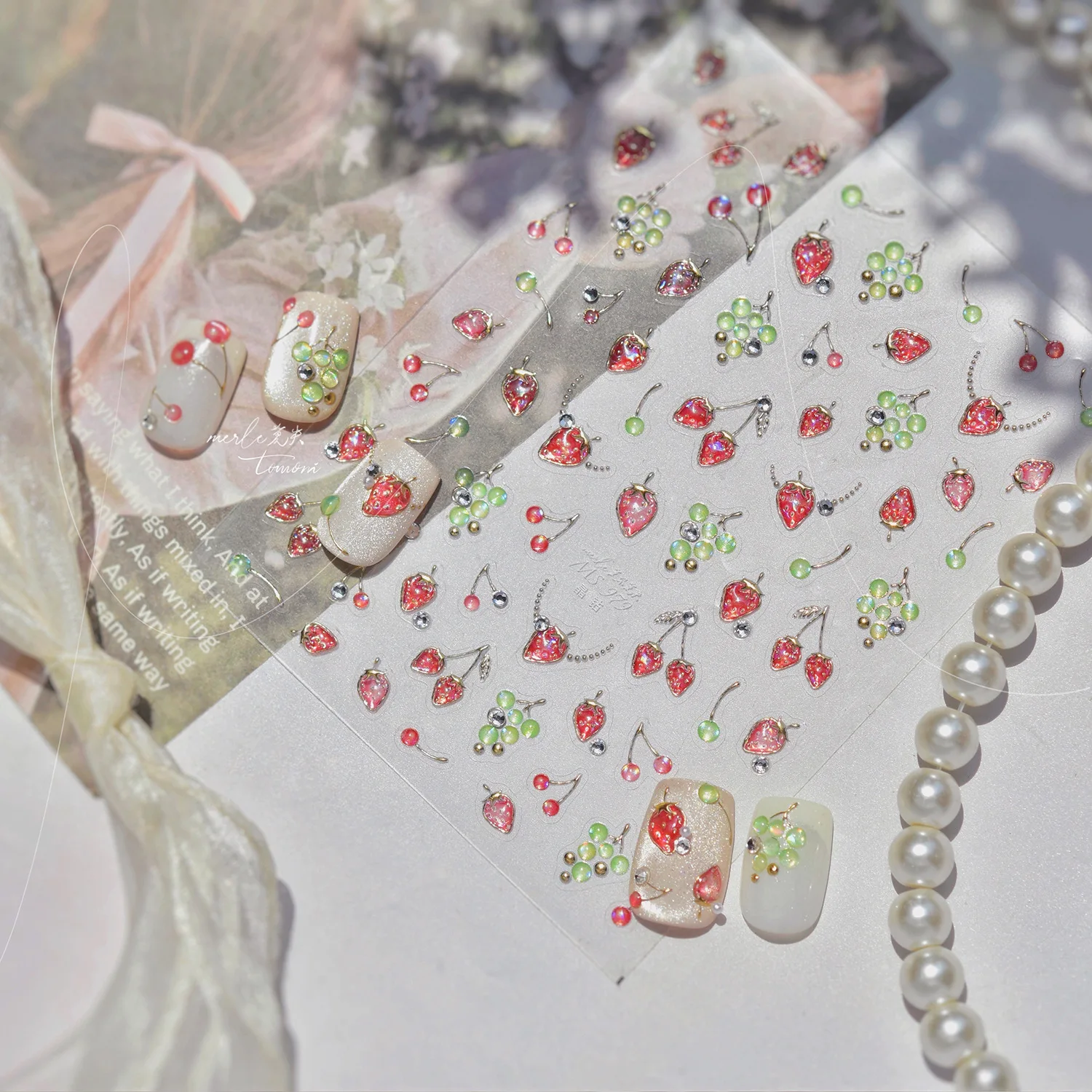 5D Sparkle Strawberry Purple Grapes Cherry Nail Stickers Rhinestone Adhesive Nail Charms Art Stickers Manicure Decorations Decal