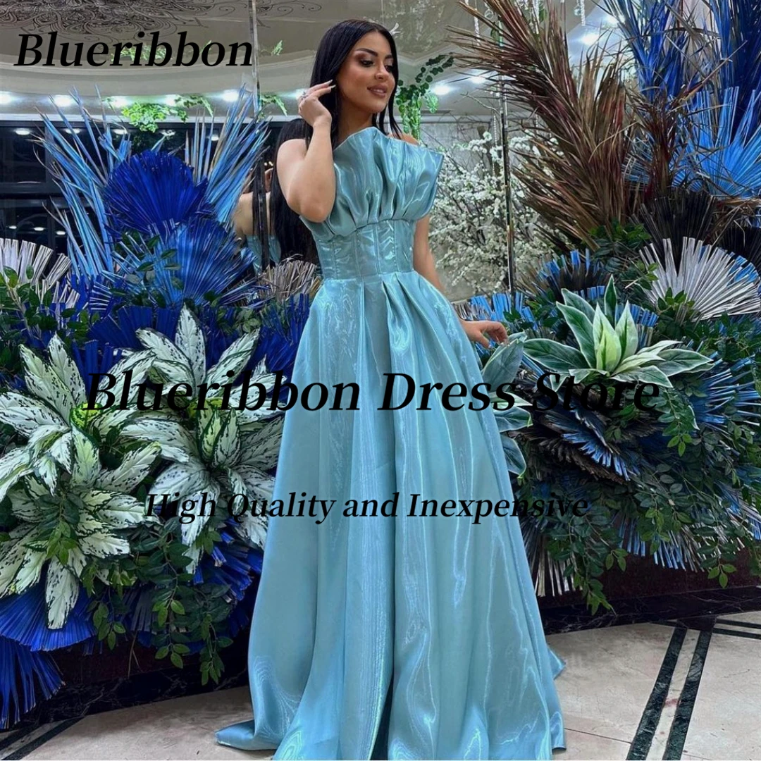 

Blueribbon Shinny Moon Satin Prom Dresses Ruched Strapless Robes De Soirée Sexy Back Long A Line Bride Wear Wedding Evening Gown