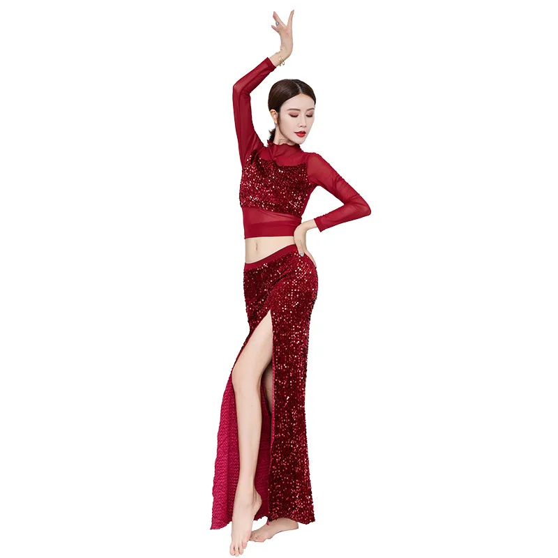 Neue Frauen Tanz Kleidung Bauchtanz Kostüm Set Funkelnden Langen Kleid Set Top Erwachsene Oriental Dance Performance Praxis Set