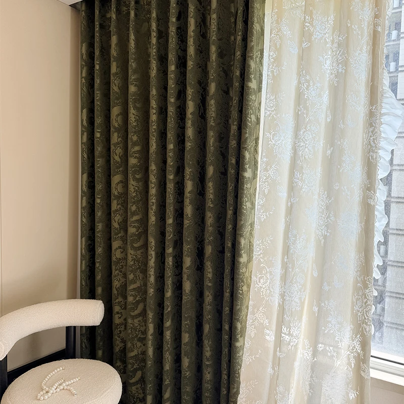 Nanyang Retro Green American Luxury Embossed Jacquard Pearlescent High-precision Chenille Curtain for Living Dining Room Bedroom