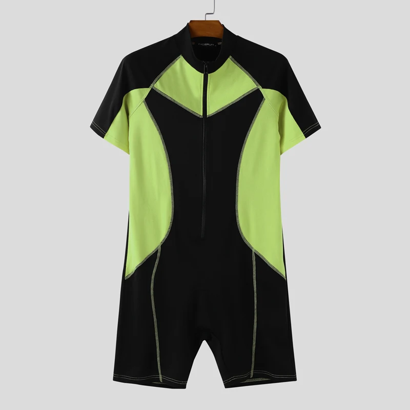 

INCERUN Men Bodysuits Patchwork Color-block Zipper Short Sleeve Playsuit Male Rompers Streetwear Workout Fashion Casual Bodysuit