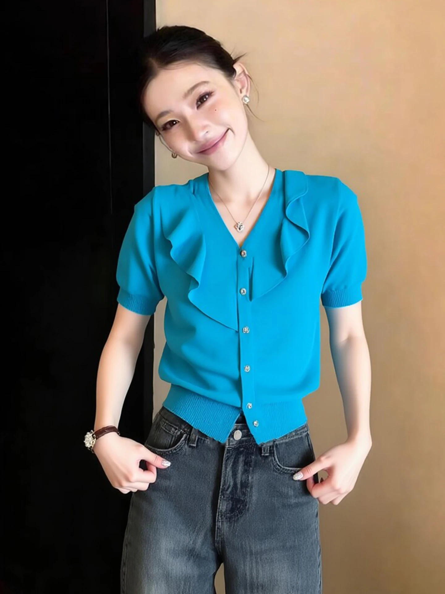 

Ele Knitted ort Sve T-irt Women's Pure Color Design Sensation Spring Early Season Versatile Top with Lace Hem