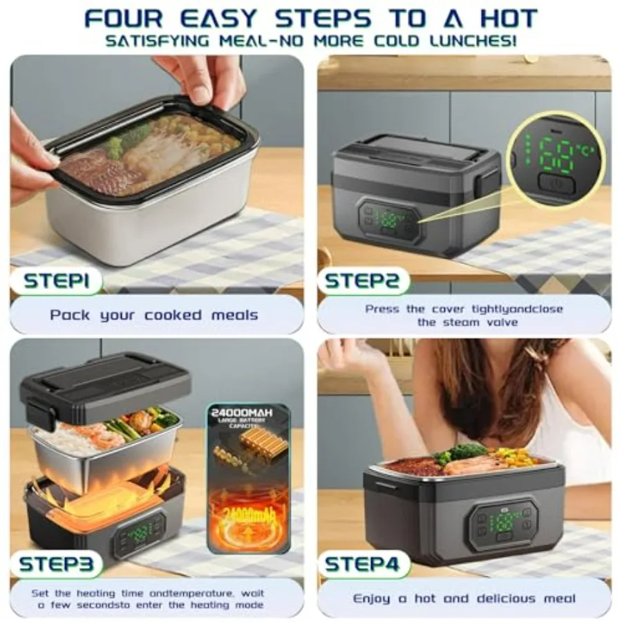 صندوق غداء كهربائي للبالغين - صندوق غداء كهربائي لاسلكي سعة 1.6 لتر بقدرة 24000 مللي أمبير في الساعة يعمل بالبطارية، تسخين 5 جوانب وحجز ذكي #3