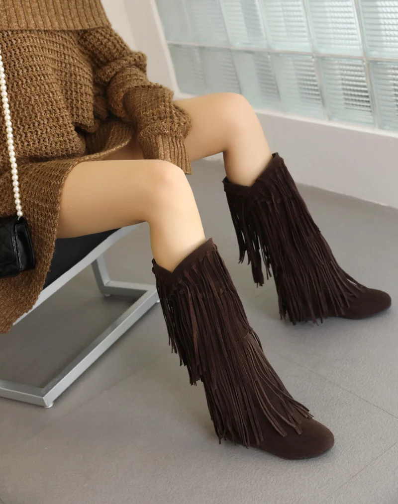 Botas aterciopeladas hasta la rodilla para mujer, zapatos de punta redonda, flecos altos, 3cm, 34-48 talla grande, moda de primavera y otoño, nuevo estilo Sexy