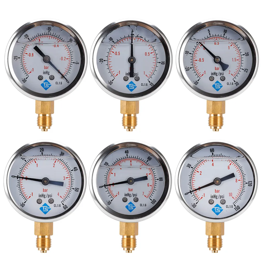 Compound Pressure Vacuum Gauge Glycerine Filled -1/10Bar & 30 1/4 BSP Bottom Dropship