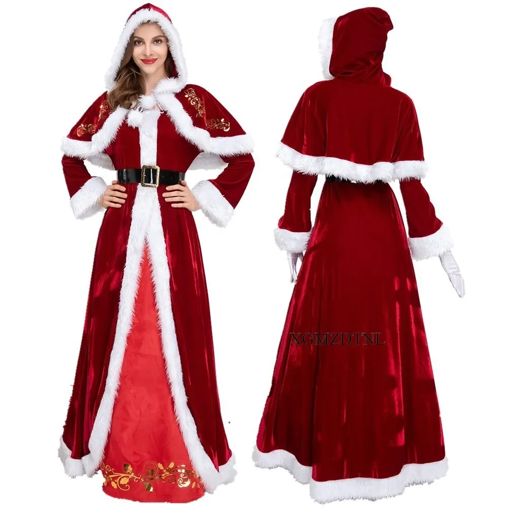 

2023 Christmas Cosplay Costume Adult Women Red Dress Hooded Cloak Festival Party Performance Suit High Quality 2024 New Year