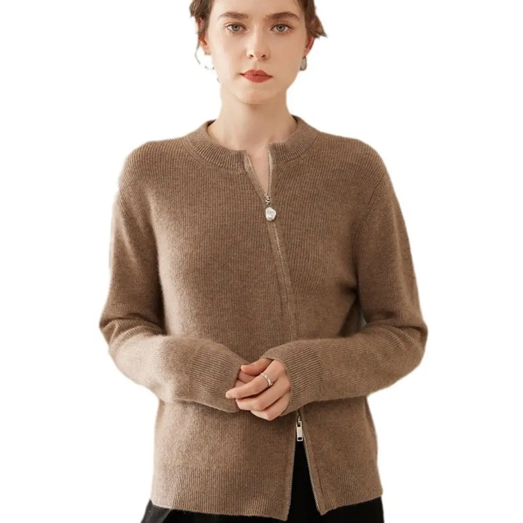 

Women's Thick round Neck Cardigan Fashionable Versatile Cashmere Soft Waxy Skin-Friendly Diagonal Zipper Knitted Warm Sweater