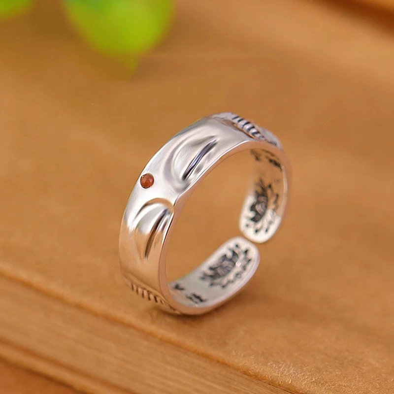 Ethnic Style Buddhist Silent Ring For Female Thai Silver Lotus Heart Scripture Rings Retro Figure of the Buddha Ring KOFSAC