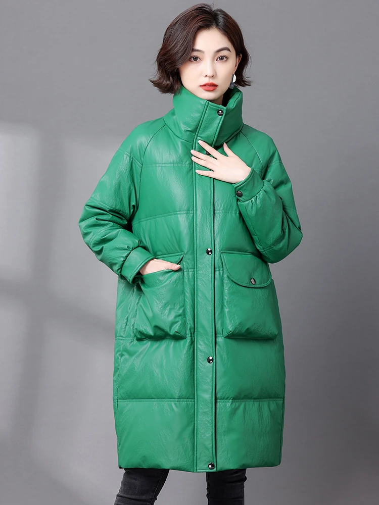 Kurtka damska zimowa z owczej skóry Haening, ocieplana, średniej długości, luźny krój, stójka, koreański styl, prawdziwa skóra, płaszcz z puchem.