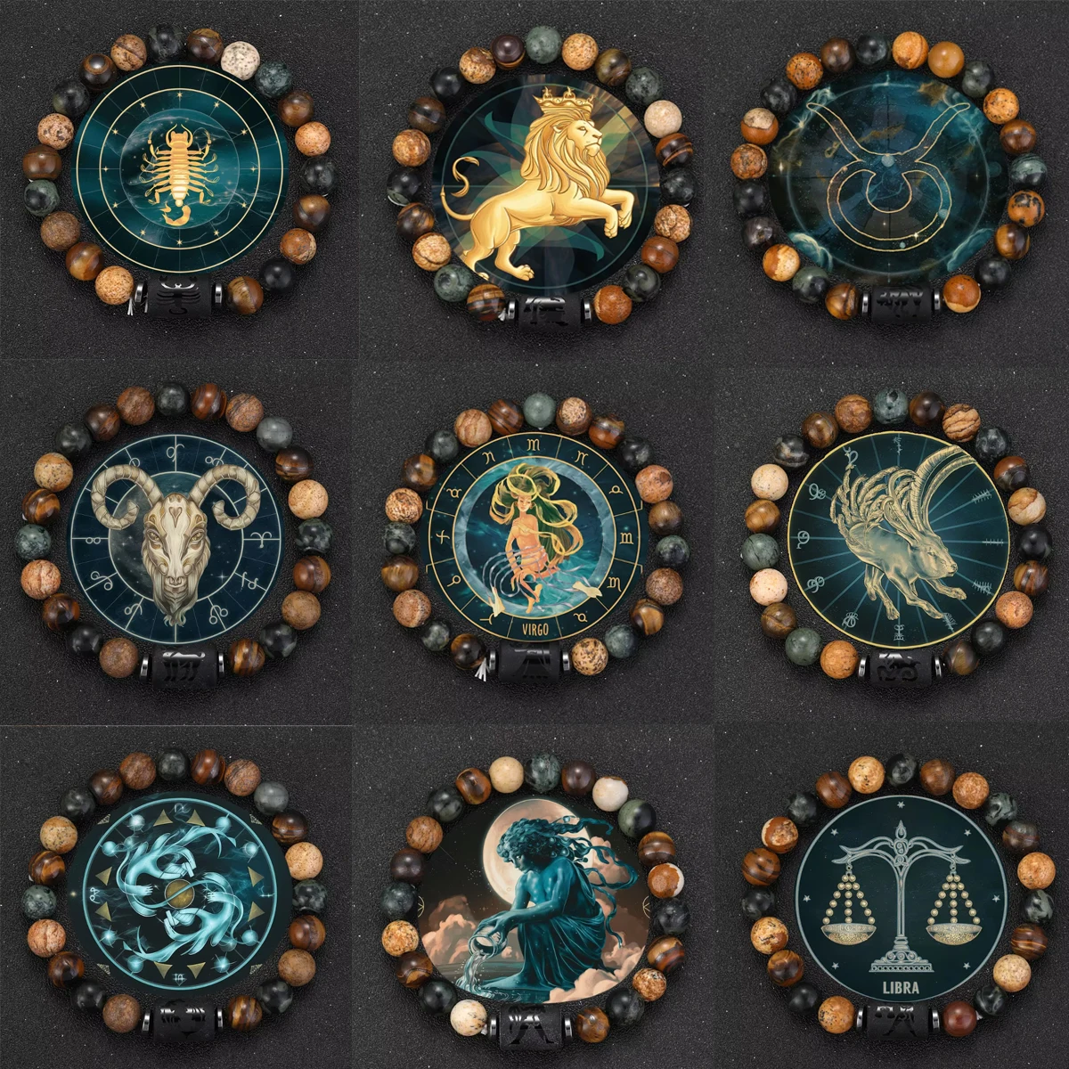 Pulsera de astrología 12 zodiaco, pulsera de constelación del zodiaco de piedra Natural, regalo para hombres y mujeres, pulsera de Sagitario, Virgo y Acuario