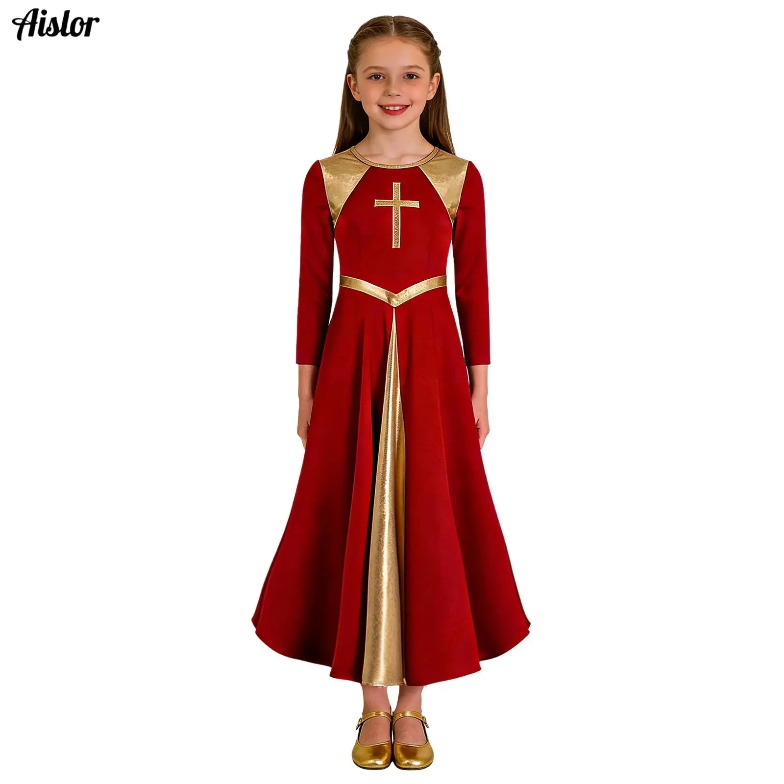 Kids Girls Liturgical Praise Dance Dress Gold Color Block Church Choir Celebration of Spirit Praise Stage Performance Dancewear