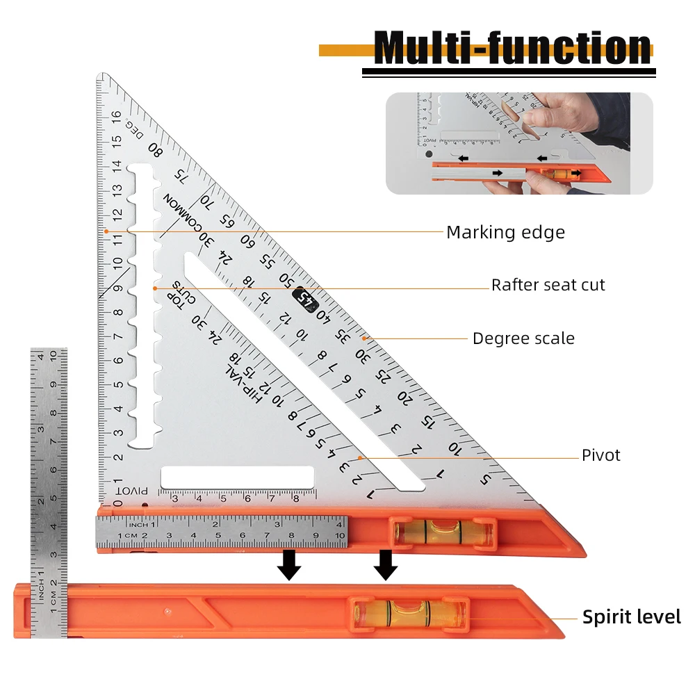 Rongpro Aluminum Alloy Triangular Ruler Double Scale Miter Framing Measurement For Carpenter Woodworking Tools Square Protractor