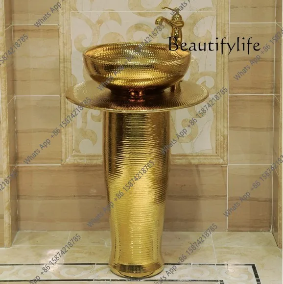 J European Art Column Wash Basin Bar Floor-to-ceiling Washbasin Ceramic Gold Integrated Wash Basin
