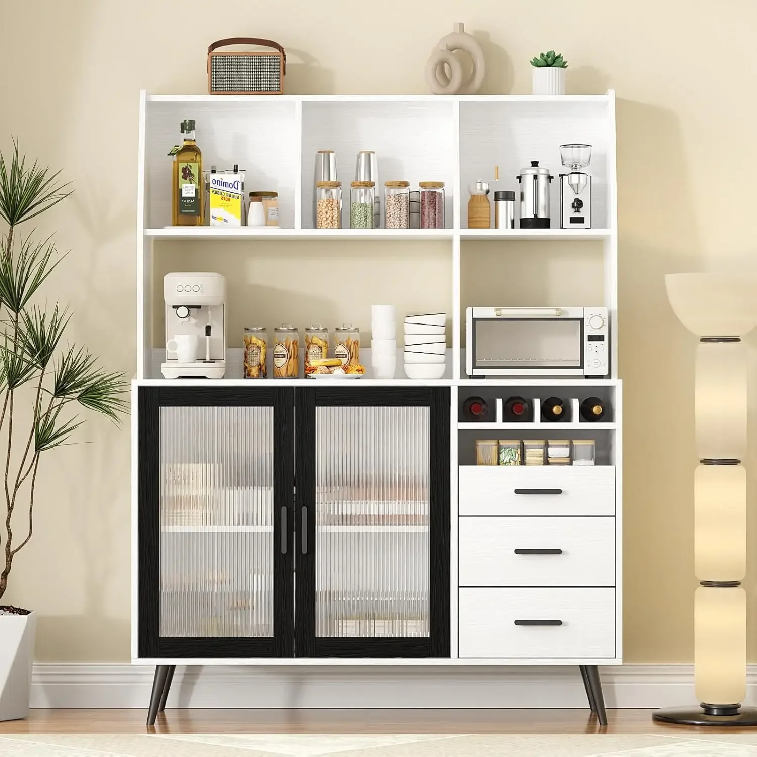 

Freestanding Hutch Pantry Cabinet – 3 Drawers, 2 Glass Doors & Wine Storage