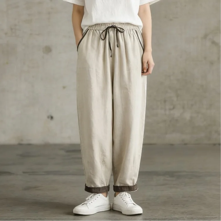 Loose Feel Wide Leg Elastic Pants Women's Summer Drawstring Waist Design Loose Slimming Cuffed Nine Point Pants Casual Trousers