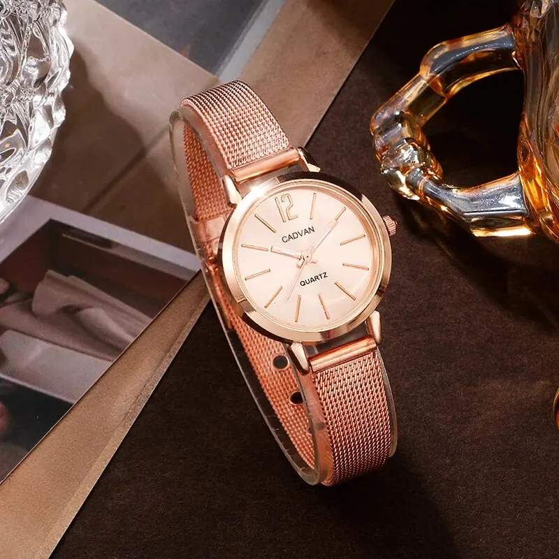 Rose Gold Quartz Watch With Bracelet For Women Casual Fashion Round Simple Watch Dainty Wheat Bracelets Set Montre Femme