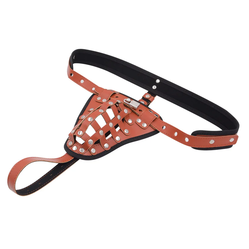 Male Leather Thong Fetish Sexy Hollow Out PU Panties Erotic Caged Harness Chastity Leather Mens Jockstrap G-string with Lock