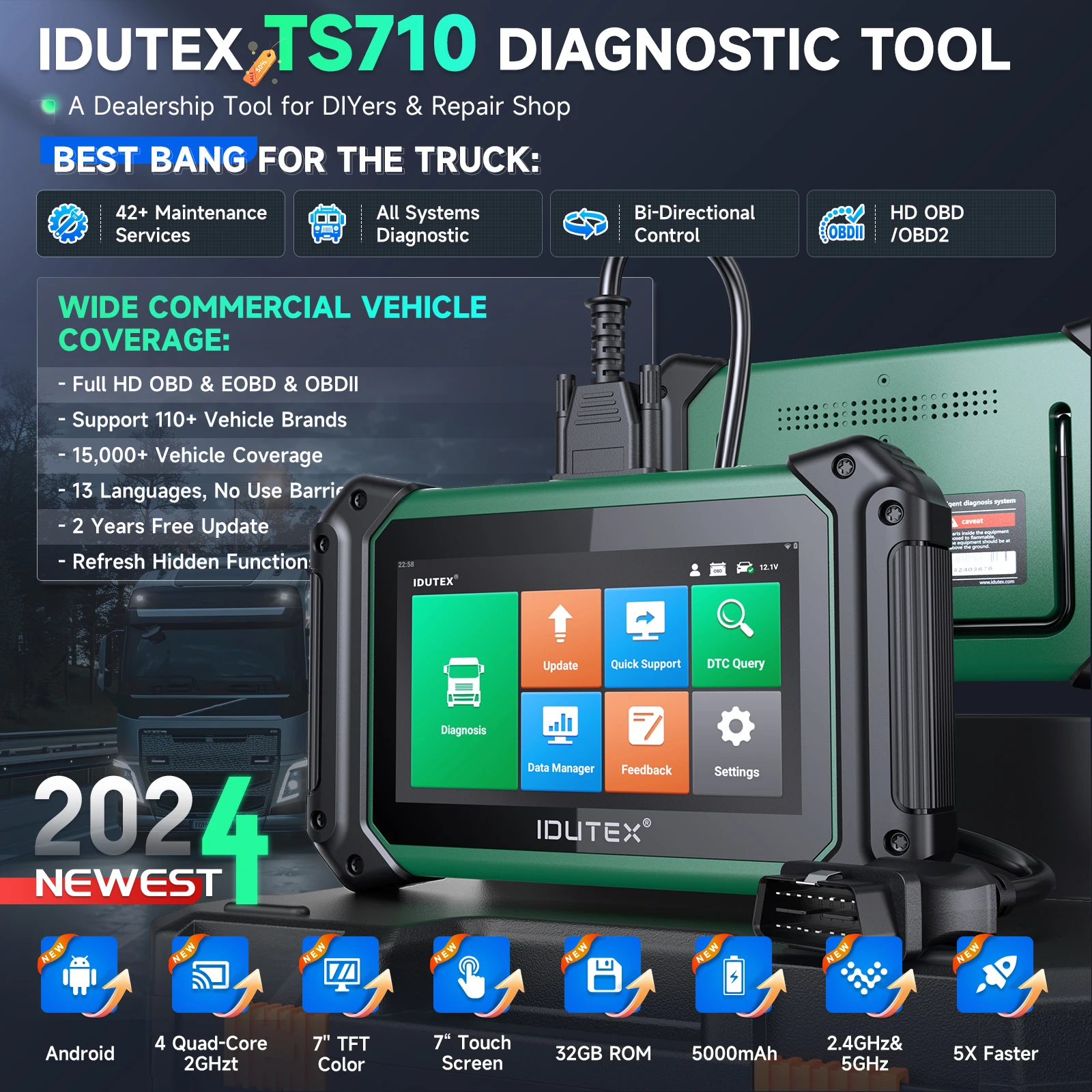 Outil de Diagnostic bidirectionnel pour camion robuste, avec DPF Regen 42 + réinitialisation du lecteur de Code de Scanner Diesel OBD2 pour camion IDUTEX TS710
