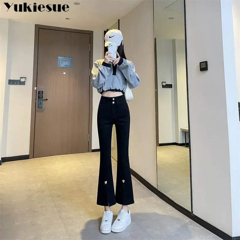 Korean Casual Slim Trendy Retro Stretchy Chic Ankle-Length Female Denim Jeans Women Front-Slit Spliced Flare Elegant Versatile