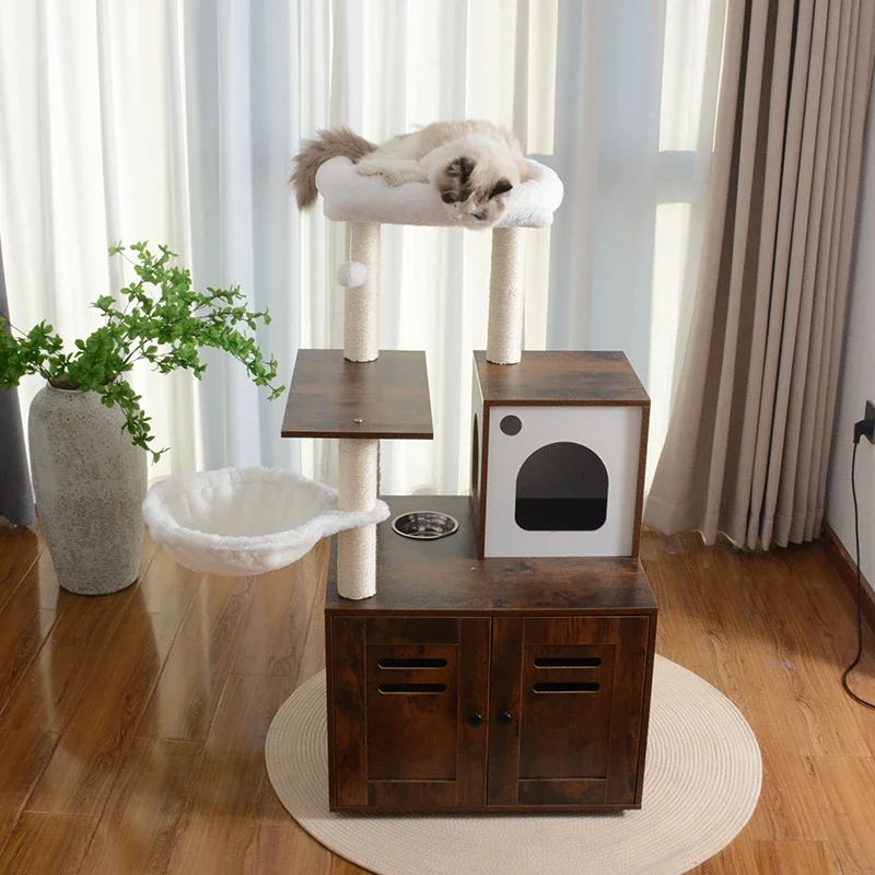 aWooden Indoor Pet Furniture Multiple Platforms Cat Tree Tower with Hidden Cabinet Cat Washroom Litter Box Enclosure