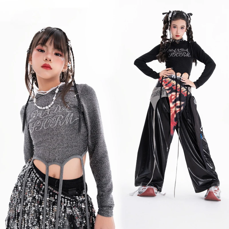 Set di abbigliamento per danza hip-hop per ragazze, top a maniche lunghe, pantaloni larghi, costume da ballo di strada, abbigliamento da performance jazz Kpop