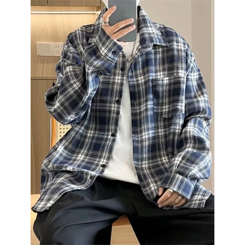 Men's shirt summer fashionable outdoor casual comfortable plaid long sleeved shirt versatile casual loose workwear shirt jacket