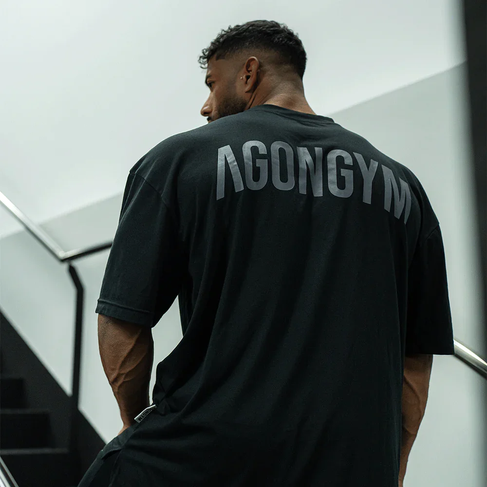 AGONGYM Letter Print Men Oversized T Shirt Breathable Cotton Gym Bodybuilding Workout Tees Loose Street Style Casual Sports Tops