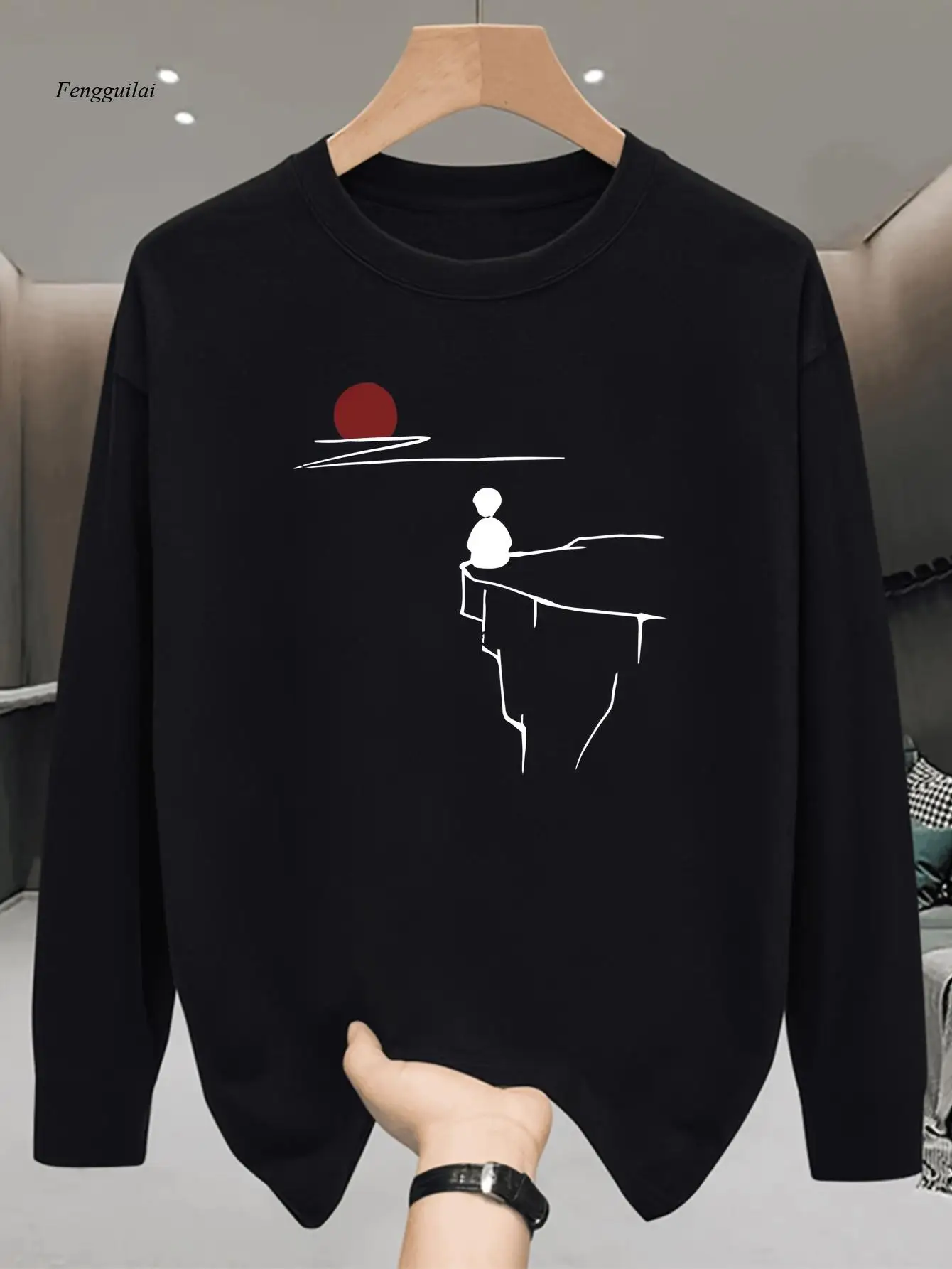 긴팔 티셔츠 - 미니멀리스트 풍경 그래픽이 있는 루즈핏 캐주얼 셔츠(블랙/화이트/레드 악센트)