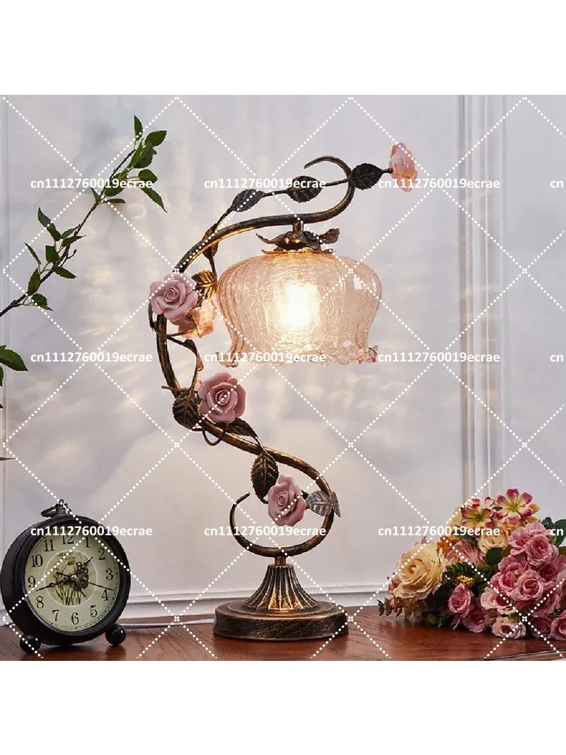 Vintage Rose Glass Table Lamp, Retro Bedside Light for Living Room Bedroom, Romantic Nightstand Decor