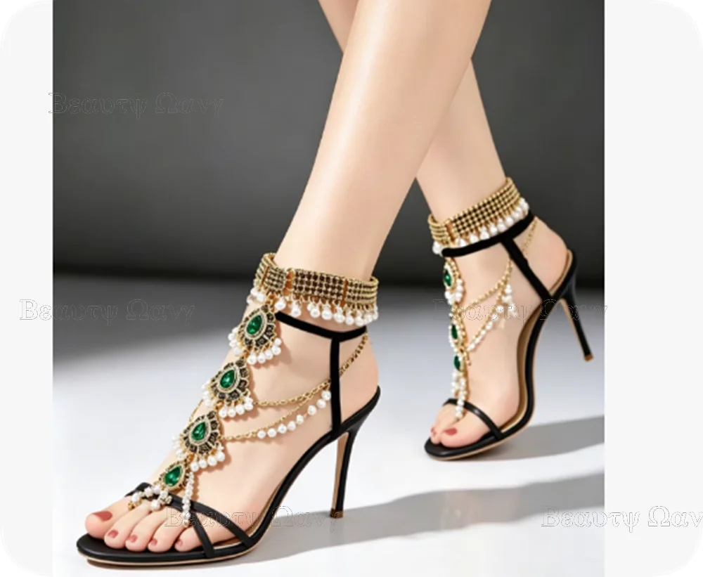 Black Green Decor Sandals T Strap Cut Heel Women Shoes Hollow Band Open Round Toe High Heel Shoes for Girls Zapatos Para Hombres