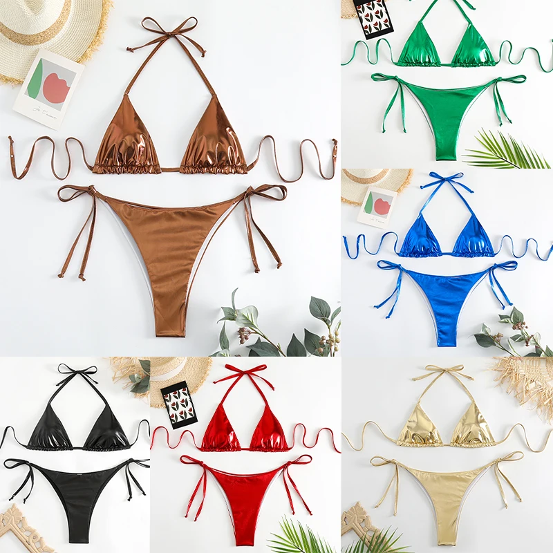 

Swimsuit Sexy Lace Up Bikini Triangle Neck Hanging Swimsuit Strip Tie Women's Durable Hot Stamping Bikini