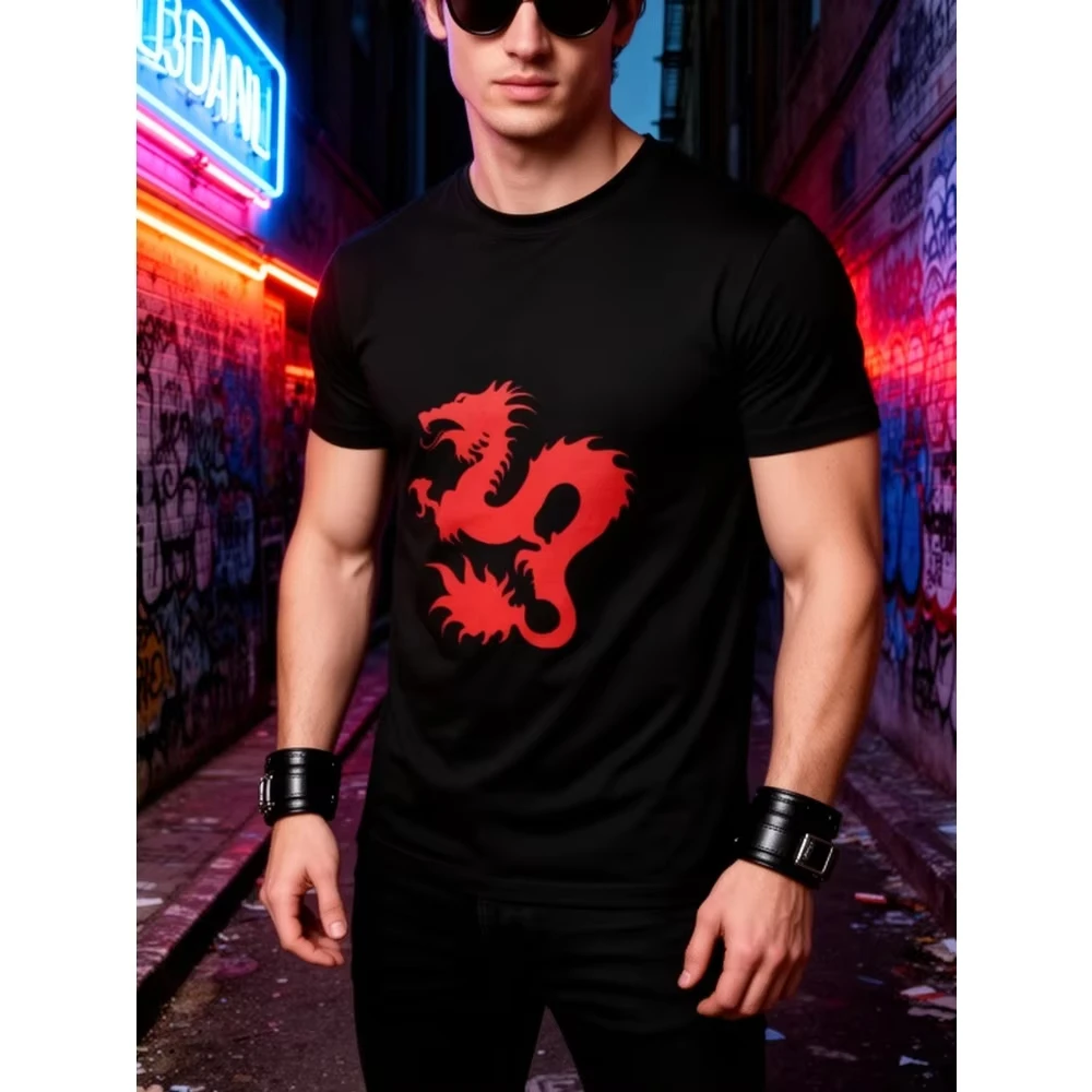 Men's Dean Blunt Zushi Print T-Shirt - Eye-catching Red Dragon Pattern Short-Sleeve Shirt, Pure Cotton Couple All-Season T-Shirt
