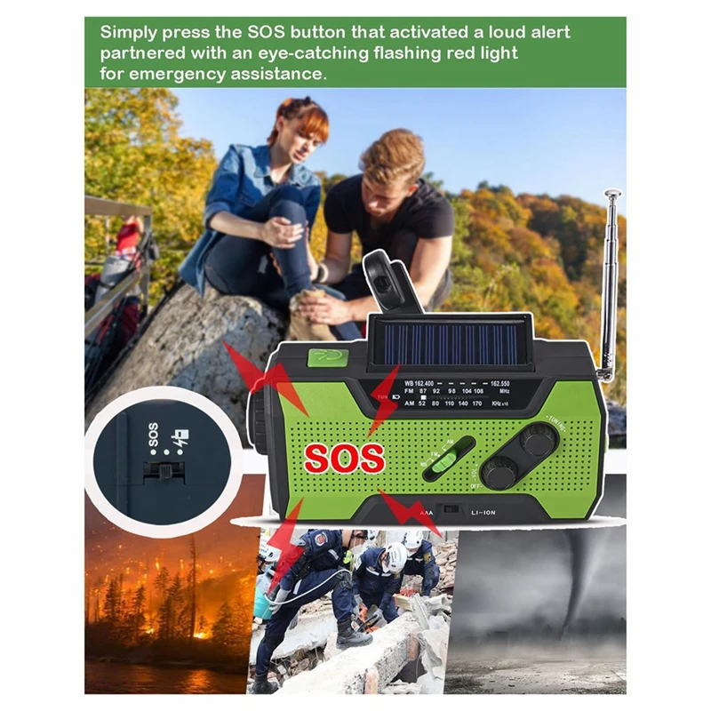 ●Emergency Weather Radio Hand Crank Portable Solar Charging with AM/FM/ LED Flashlight SOS Alert 2000mah