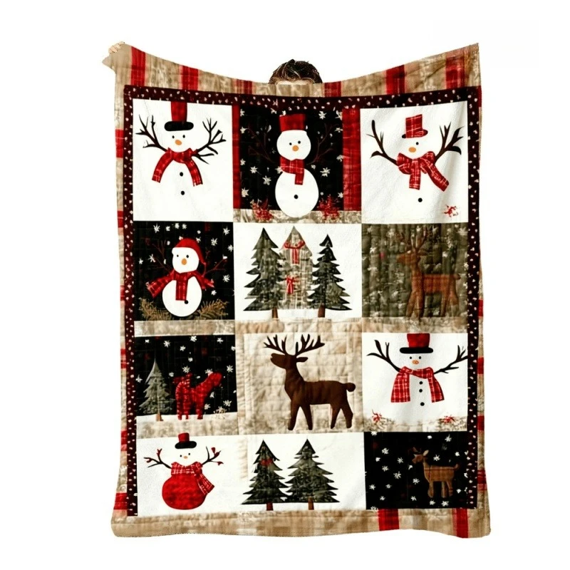 Patchwork Snowman Reindeer Xmas Tree Print Throw Blanket, Plaid Border Vintage Holiday Decor Throw Blanket