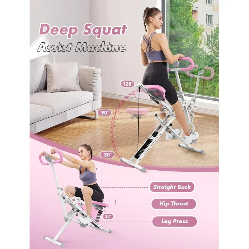 Máquina de sentadillas rosa para el hogar, máquina de ejercicios de núcleo de rodeo, plegable de 330 libras, 4 bandas de resistencia ajustables, máquina de paseo y remo