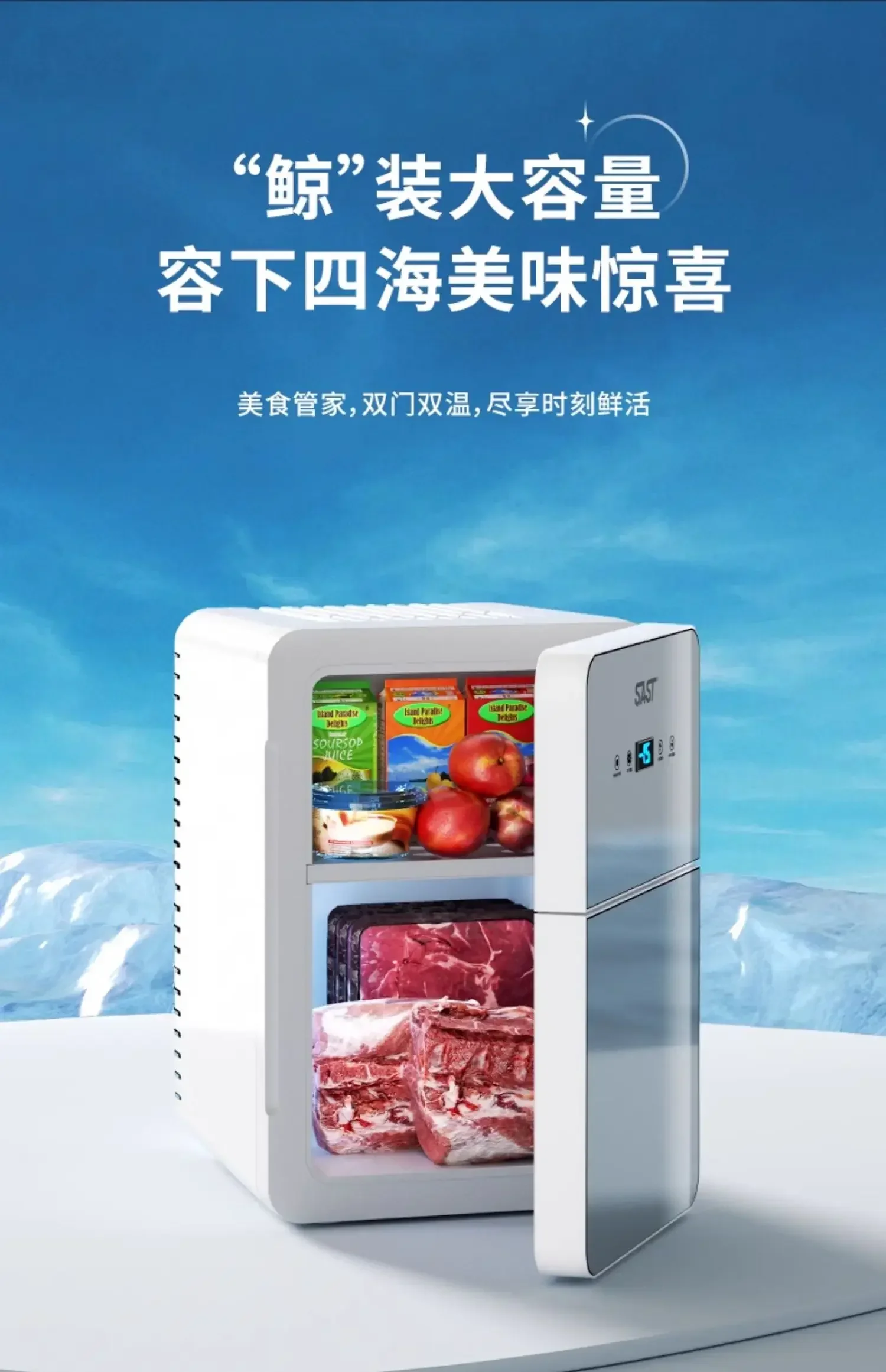 USB/220V SAST Portable Refrigerator with Freezer, Mini Fridge for Car and Home Use, Compact and Energy Efficient