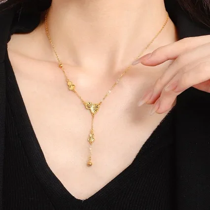 

New AU999 gold Fulu necklace female tassel gourd pendant 24K pure gold clavicle chain set birthday gift